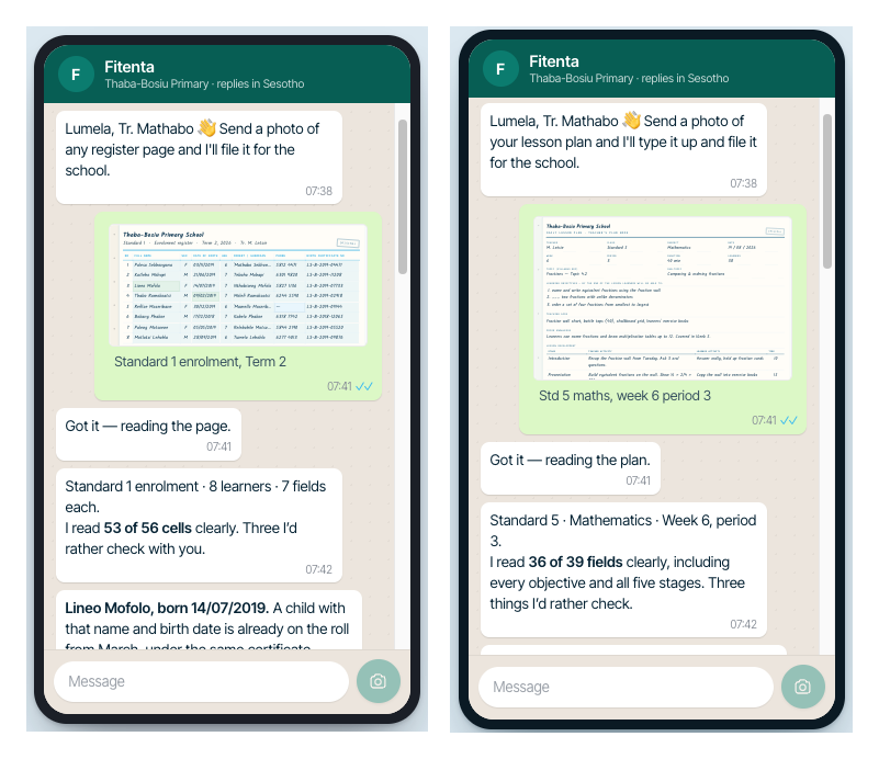 Two WhatsApp conversations with Fitenta: a teacher sends a photo of an enrolment register and of a lesson plan, and Fitenta replies with what it read and what it needs to check